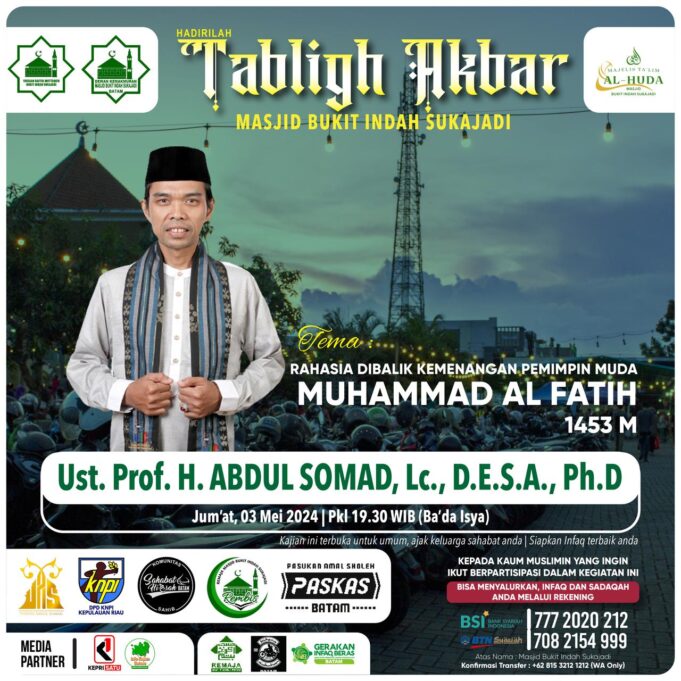 Jangan Lewatkan, Tabligh Akbar Ustad Abdul Somad di Masjid Bukit Indah Sukajadi, Malam Nanti