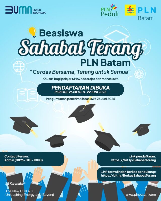 PLN Batam kembali meluncurkan program beasiswa bertajuk Beasiswa Sahabat Terang PLN Batam dengan subtema “Cerdas Bersama, Terang untuk Semua”. PLN Batam kembali meluncurkan program beasiswa bertajuk Beasiswa Sahabat Terang PLN Batam dengan subtema “Cerdas Bersama, Terang untuk Semua”.